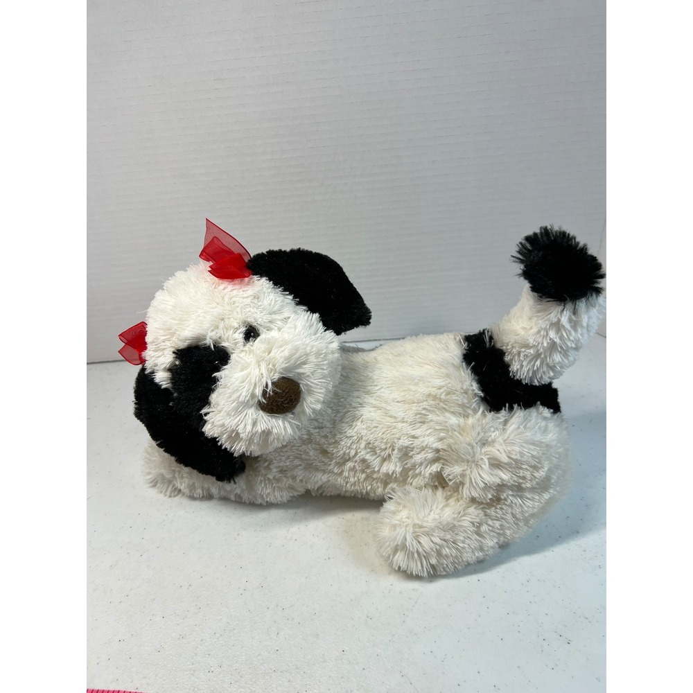 CVS Black White Spotted Puppy Dog Plush Red Bows Shaggy Stuffed Animal 12 Inch